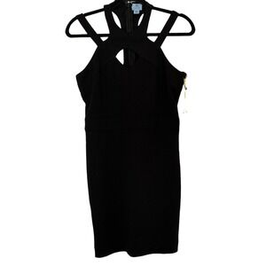 CECE Black Sleeveless Knee Length Cross Halter Neckline Black Bodycon Dress SZ 8